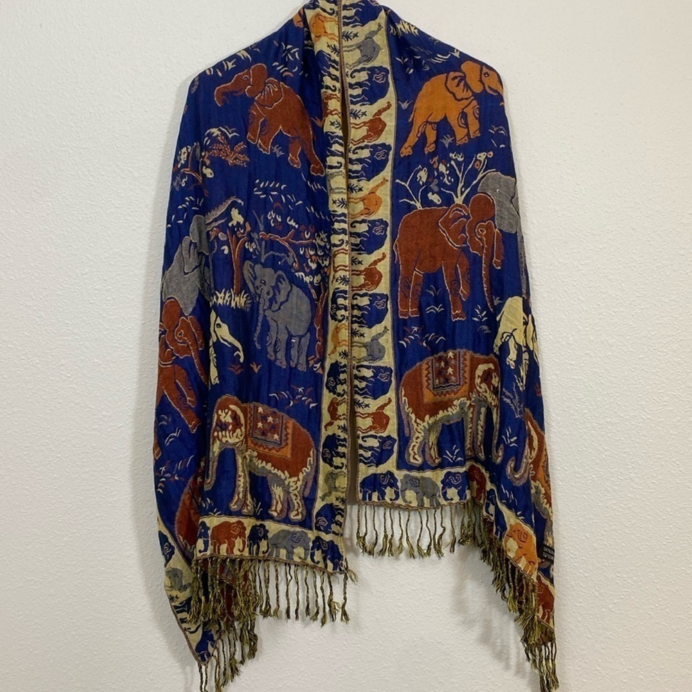Cashmere Scarf Wrap Brown and Blue w/ Elephant and Camel novelty print 64” x 24”